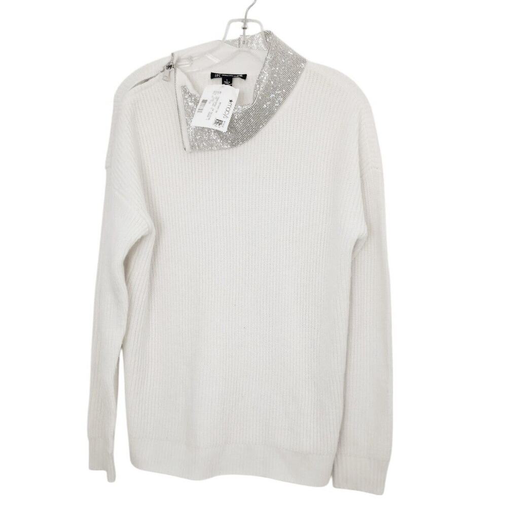 New Inc International Concepts SHIMMER Sweater L WHITE Shiny Silver COLLAR $100